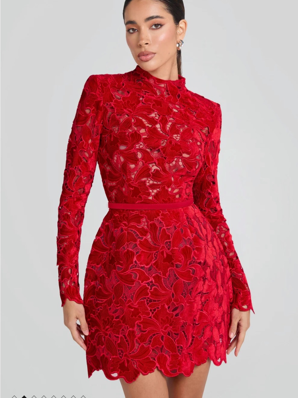 NADINE MERABI Red Floral Lace Long-Sleeve Mini Dress